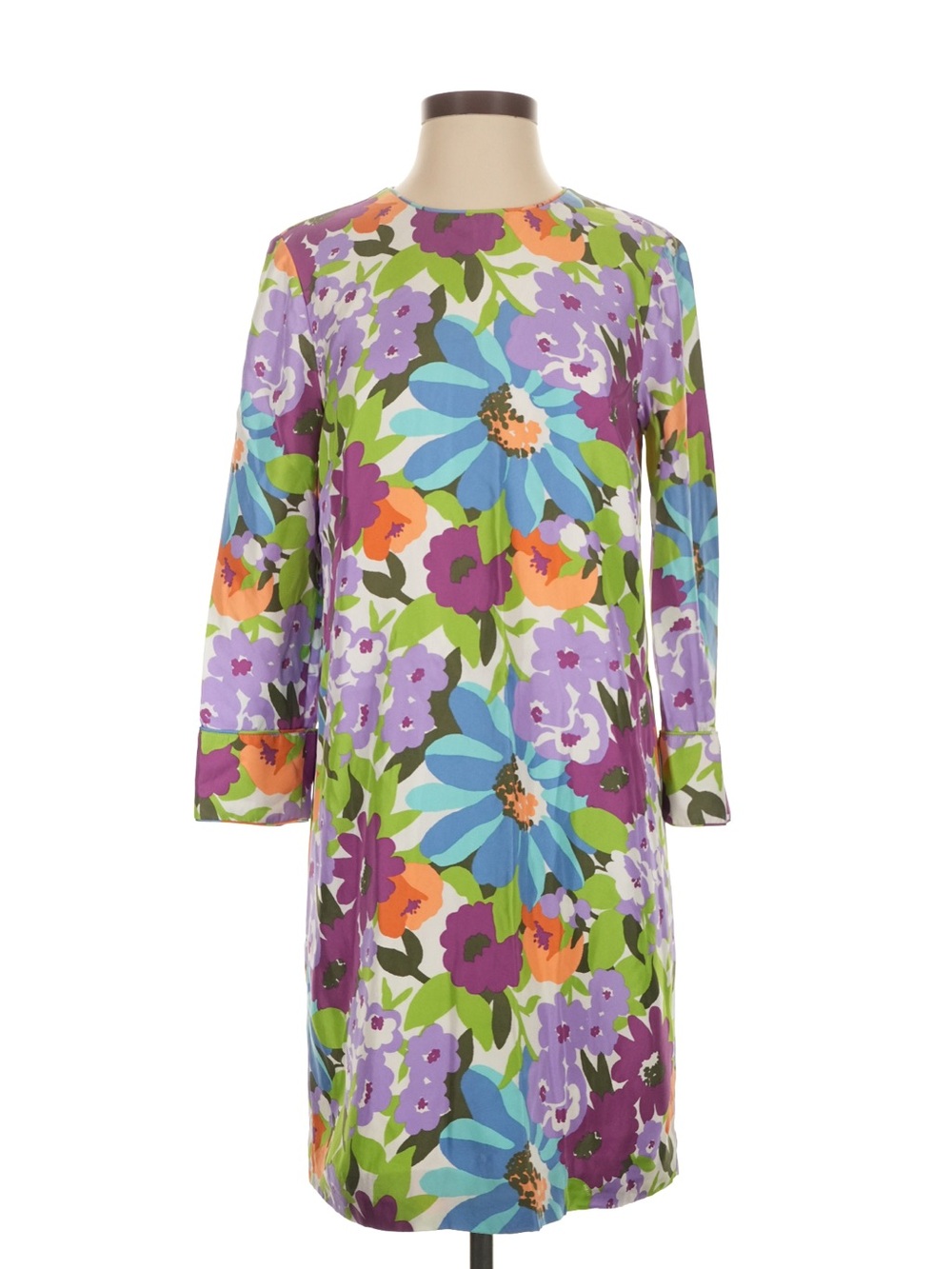 J. Crew Multicolor Floral Long-Sleeve Shift Dress in Purple, Blue, Green, Orange